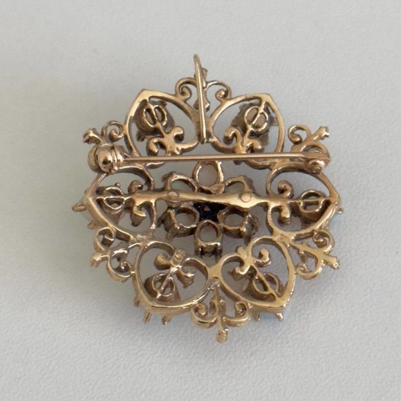 Vintage 14K Yellow Gold Opal Flower Heart Filigree Scroll Pendant Brooch Pin - Picture 5 of 10